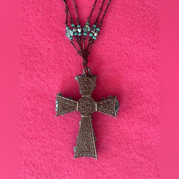 Vintage Miriam Haskell Turquoise Beaded Cross Necklace - Picture 4 of 4